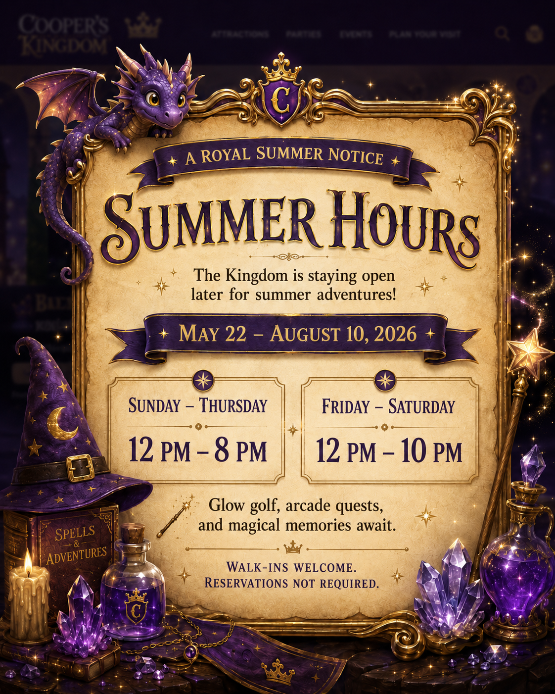 Cooper's Kingdom Summer Hours. May 22 through August 10, 2026. Sunday through Thursday 12 PM to 8 PM. Friday through Saturday 12 PM to 10 PM. Walk-ins welcome. Reservations not required.